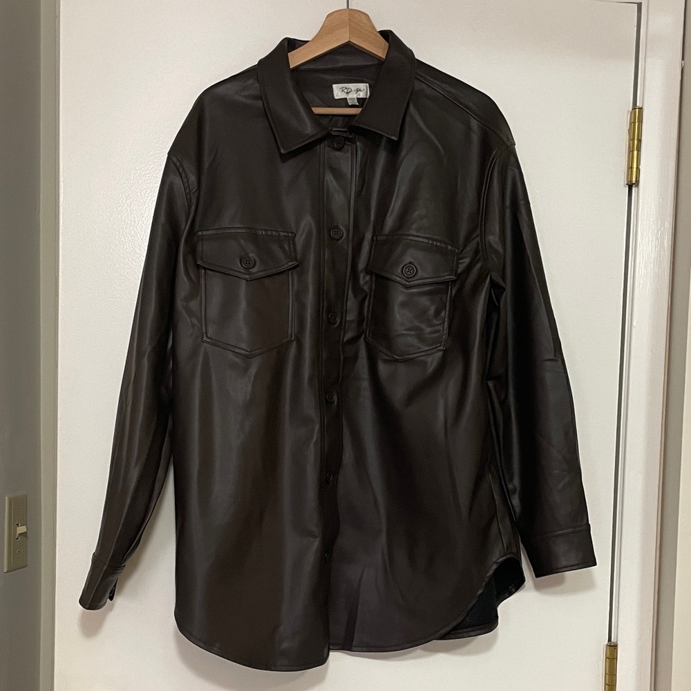 Brown Faux Leather Button-Up Shirt